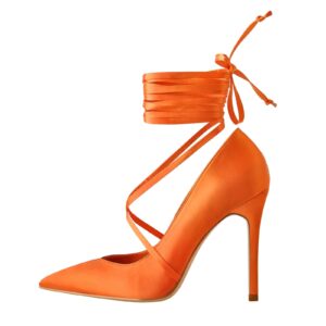Onlymaker Shoes, Pointed-Toe-Orange-Satin-Strap-High-Heels-Stiletto-Pumps