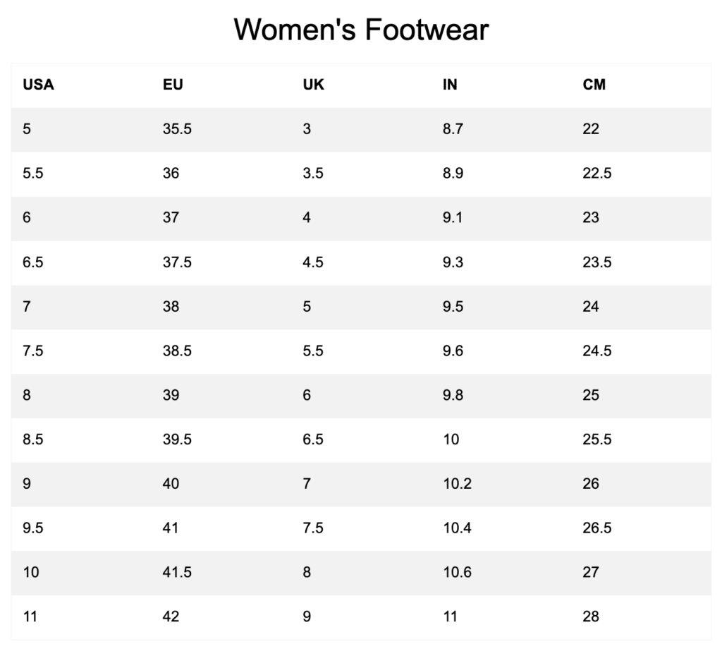 Timberlands Sizing Chart for Women