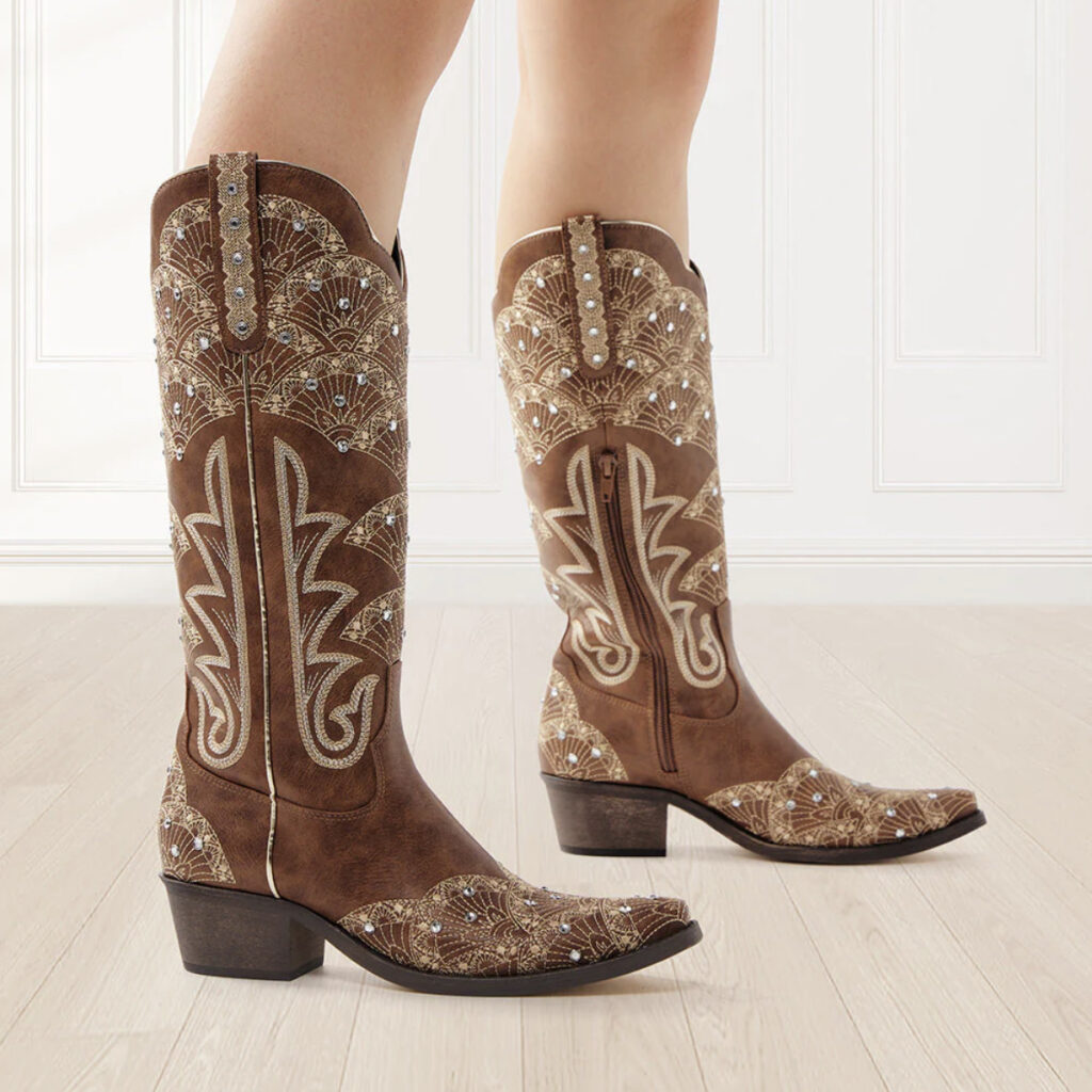 REDTOP Western Boots Brown Embroidered Rhinestone