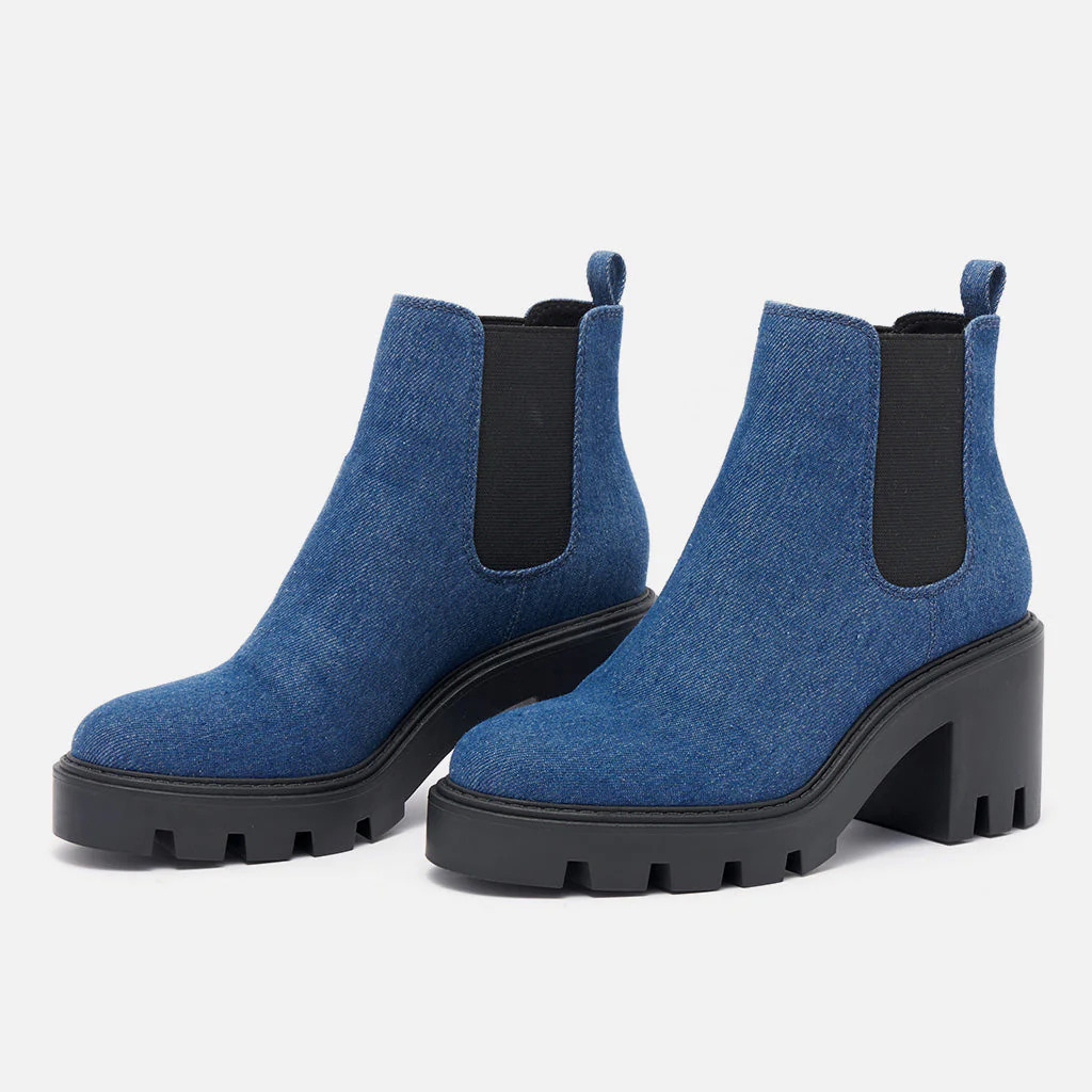 REDTOP Women's Chelsea Boots Blue Lug Sole Block Heel