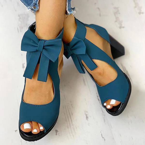 Mesh Chunky Block Heels Bow Knot Strappy Sandals